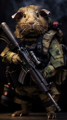 Fototapeta premium Guinea pig animal soldier with rifle. Generative AI