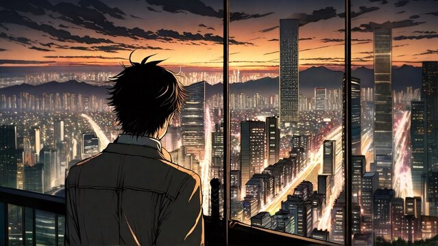 A man looking at the skyline of a metropolitan city, manga art.