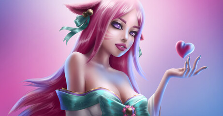 Beautiful kitsune dressed in a satin kimono holding a little heart on pink studio background 3d rendering