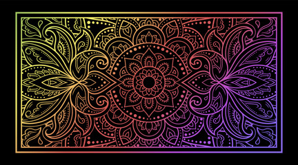 Color decorative panel with circular pattern in form of mandala with flower for decoration or print. Decorative ornament in ethnic oriental style. Rainbow design on black background.