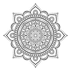 Circular pattern in form of mandala with flower for Henna, Mehndi, tattoo, decoration. Decorative ornament in ethnic oriental style. Outline doodle hand draw vector illustration.