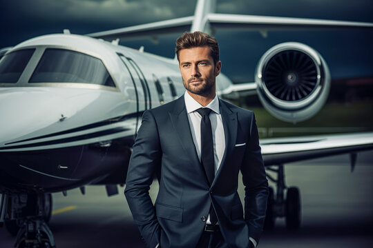 Handsome man in suit stands by a fancy plane. Represents successful life. Ideal for luxury and success themes

