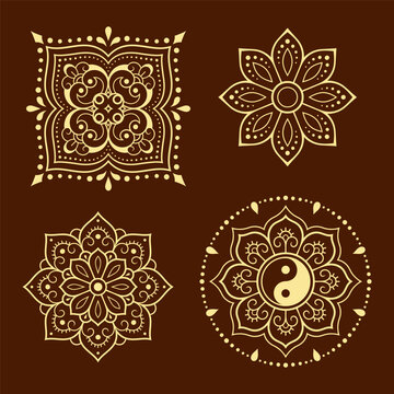 Set of circular pattern in form of mandala with flower, yin-yang symbol for Henna, Mehndi, decoration. Decorative ornament in ethnic oriental style. Outline doodle hand draw vector illustration.