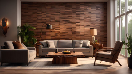 modern living room in brown color with sofa, table, lamp and plant. 