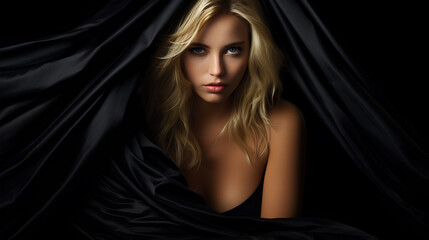 portrait of beautiful woman in black dress on black background