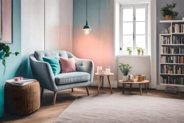 a cozy reading nook with a minimalist armchair and a pop of pastel color