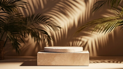 Obraz premium Natural stone step pedestal. Beige podium display with green leaves and palm leaves shadow, nature background. Cosmetics or beauty product promotion mockup. Trendy minimalist, art deco, generative ai