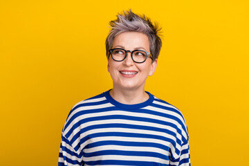 Collage of pensioner woman grey dyed short haircut looking thoughtful empty space wear trendy shirt...