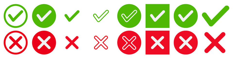 Set of green approval check mark and red cross icons in circle, square, flat checkmark approval badge, PNG isolated tick symbols on transperancy background © Boyarushka