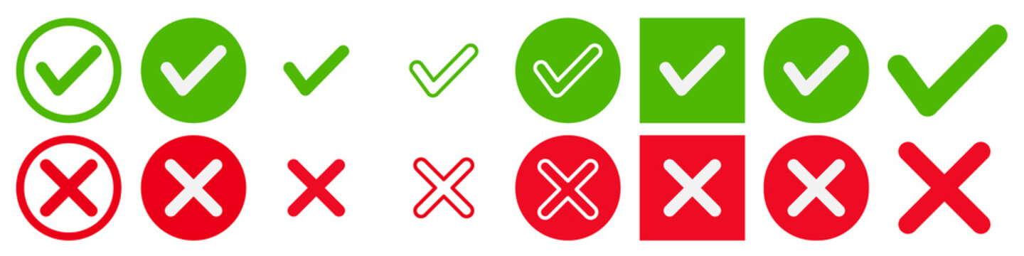 Set of green approval check mark and red cross icons in circle, square, flat checkmark approval badge, PNG isolated tick symbols on transperancy background