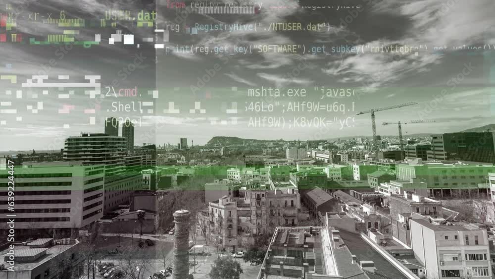 Poster computer code and data over barcelona urban scene