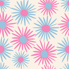 Fototapeta na wymiar Groovy floral seamless pattern. Naive hand drawn daisy or chamomile. Pastel pink and blue flowers background. Cool funky design for fabric, textile, package, wrapping paper. print, card