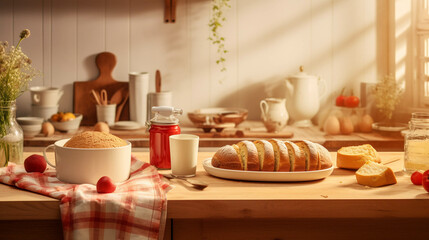 Fototapeta na wymiar Breakfast In A Cosy Kitchen With Warm Colors. Sweet Brunch With Bread For Delicious Morning. Generative AI