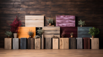 empty wood shelves in interior with colorful wooden wall.