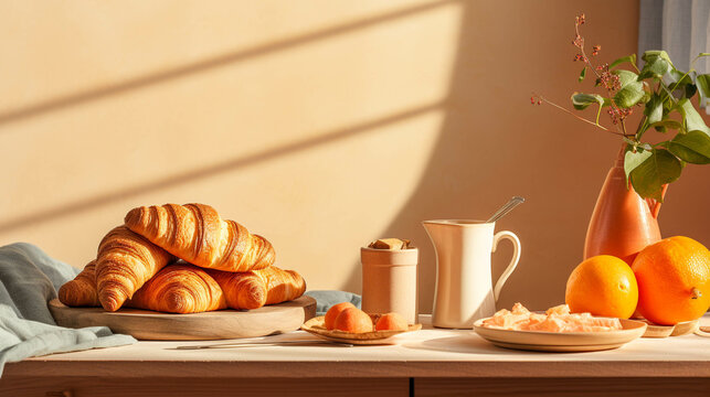 French Breakfast With Croissants And Oranges. Cosy Kitchen With Warm Colors For Delicious Morning. Generative AI