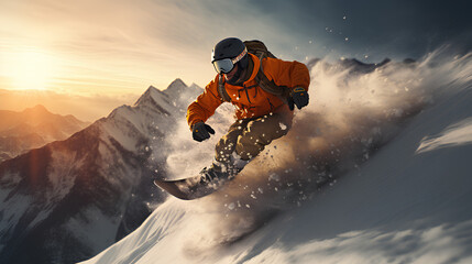 extreme snowboarder in mountains  - obrazy, fototapety, plakaty