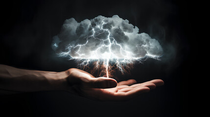 hand holding lightning on black background.