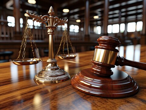 Scales of justice and Wooden judge gavel on wooden table in courtroom. 3d render