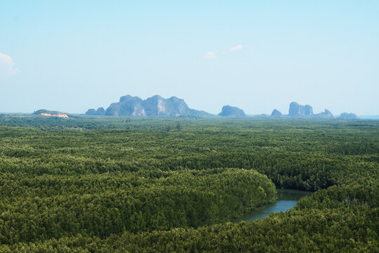 Landscape green nature of Ta Pe Canal with mangrove and lime stone mountain - unseen thailand from Horizon Views 360&deg;   ฺBan Nam Rap or Khao jom Pa in Trang Thailand - Travel outdoor adventure 