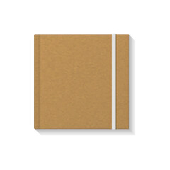 Blank brown kraft paper square book, notebook or magazine white elastic top view mockup template. Isolated on white background. Ready to use for your business. Realistic vector illustration.