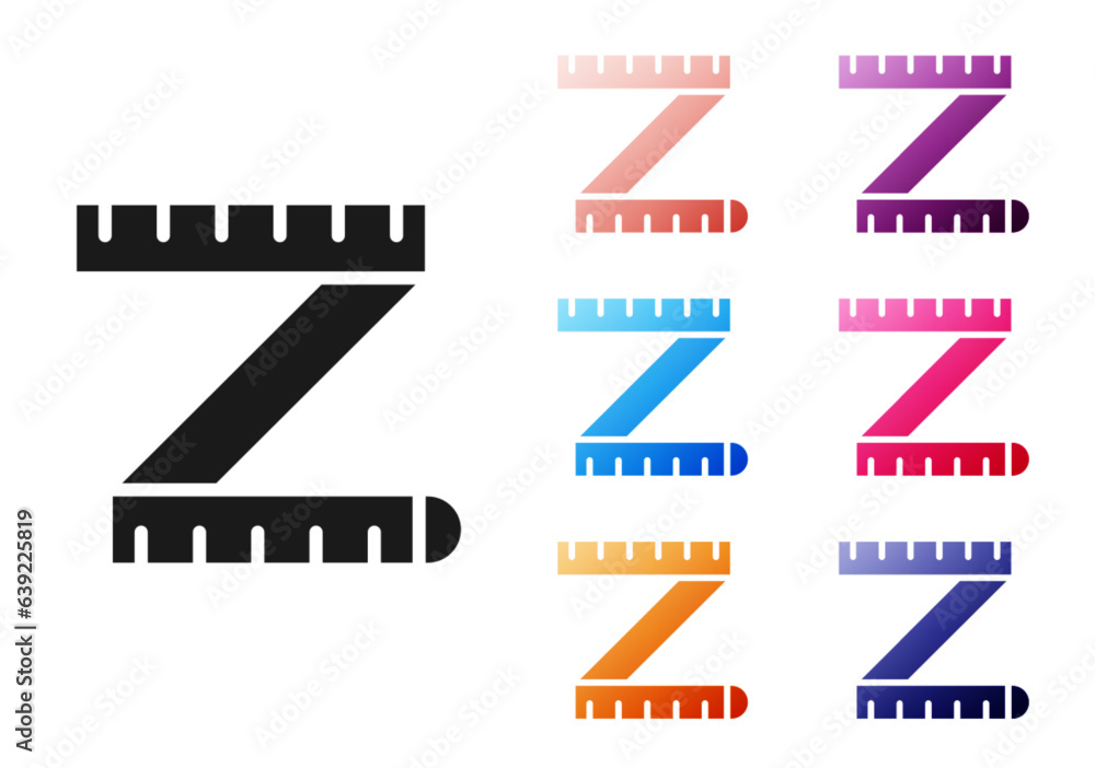 Poster black tape measure icon isolated on white background. measuring tape. set icons colorful. vector