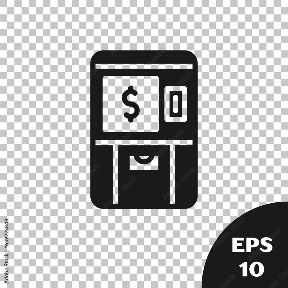 Poster black atm - automated teller machine and money icon isolated on transparent background. vector