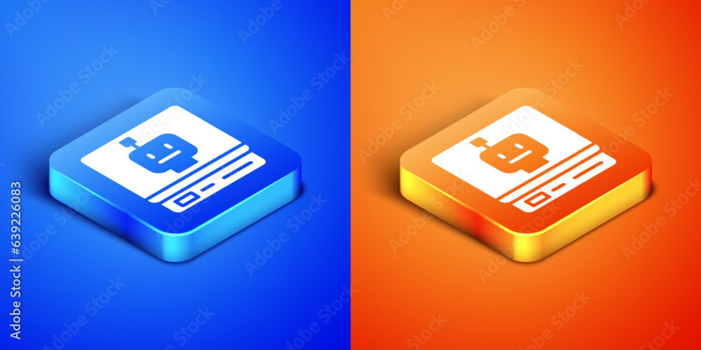Poster isometric robot icon isolated on blue and orange background. artificial intelligence, machine learni