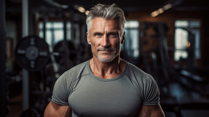 Concentrated mature man looking at camera at gym