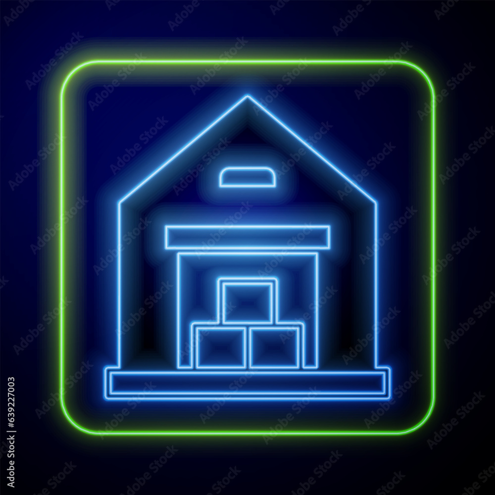 Wall mural glowing neon warehouse icon isolated on blue background. vector