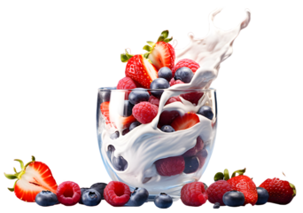 Yogurt and cream with fresh strawberries and blueberries isolated on transparent background