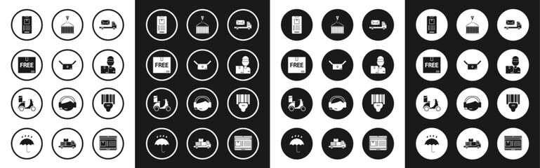 Fototapeta premium Set Post truck, Cardboard box with traffic symbol, free, Mobile phone app delivery tracking, Delivery man cardboard boxes, Container crane, Scanner scanning bar code and Scooter icon. Vector