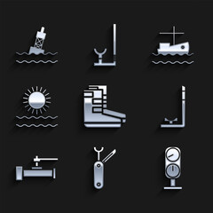 Fototapeta premium Set Boots, Swiss army knife, Gauge scale, Snorkel, Industry metallic pipes and valve, Sun waves, Fishing boat on water and Floating buoy the sea icon. Vector