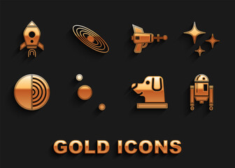 Set Solar system, Falling star, Robot, Dog astronaut helmet, Earth structure, Ray gun, Rocket ship with fire and Planet icon. Vector