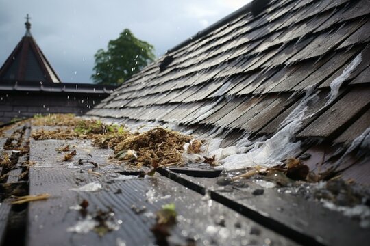 Roof damaged by hail and marked by inspection. Generative AI