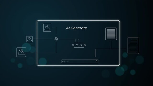 Artificial intelligence technology analysing data, creating new image and organising business information on computer screen, video animation clip.
