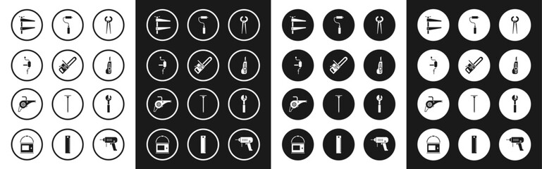 Set Pincers and pliers, Chainsaw, Hand drill, Clamp tool, Stationery knife, Paint roller brush, Adjustable wrench and Leaf garden blower icon. Vector