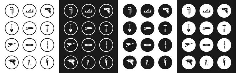 Set Electric hot glue gun, Hand saw, Shovel, Clamp tool, Hammer, Wood plane, Chisel for wood and Wheelbarrow icon. Vector