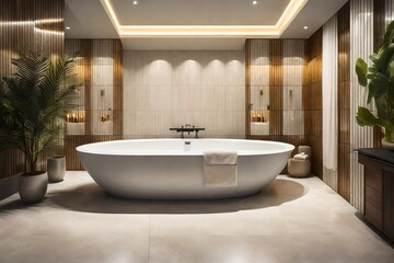 Fototapeta na wymiar a serene spa bathroom with neutral tones, stone accents, and soft lighting