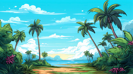 Fototapeta premium hand drawn cartoon beautiful illustration of coconut grove by the seaside in summer 