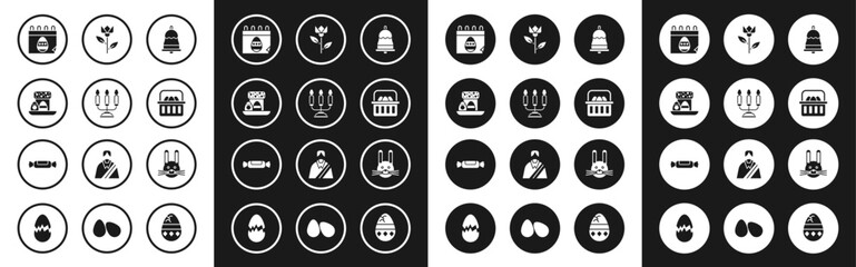 Fototapeta premium Set Ringing bell, Candelabrum with candlesticks, Easter cake eggs, Calendar, Basket easter, Flower tulip, rabbit and Candy icon. Vector