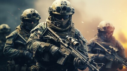 Fototapeta premium Military special forces soldiers in warzone, Generative AI