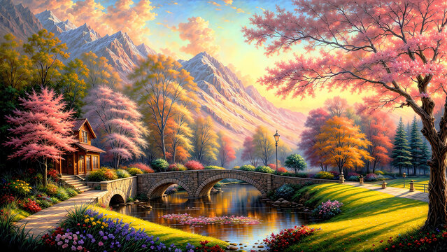 Summer landscape flowers and trees near river, idyllic view with mountains in the background at sunset