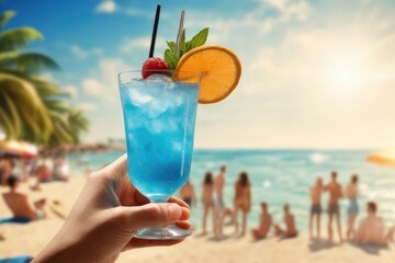 Obraz premium hand holding cocktail on the sunny beach