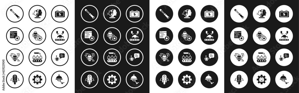Poster set battery, robot setting, computer api interface, screwdriver, robotic robot arm on factory, for m