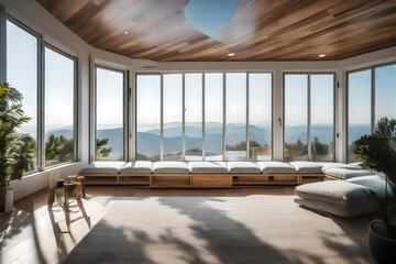 a minimalist sunroom with floor cushions and panoramic views