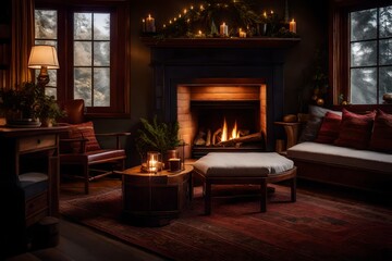 a cozy fireplace nook with a built-in bench, plush cushions, and warm textiles