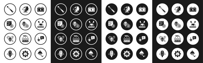 Set Battery, Robot setting, Computer api interface, Screwdriver, Robotic robot arm on factory, for maintenance, Bot and icon. Vector