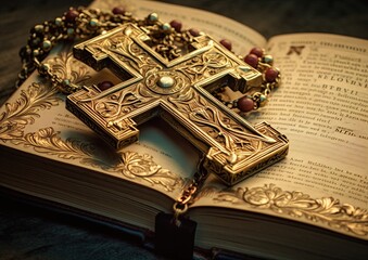 Holy Bible with golden cross. Religion and Christianity concept. Generative Ai