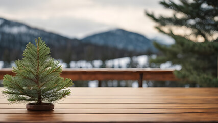 Obraz premium wooden tabletop with fir tree background scene for product promotion
