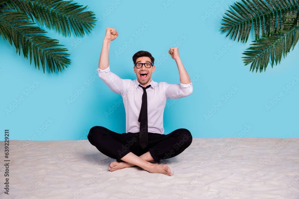 Poster Photo of crazy cheerful marketer guy enjoy summer rest on coast seashore isolated blue color background